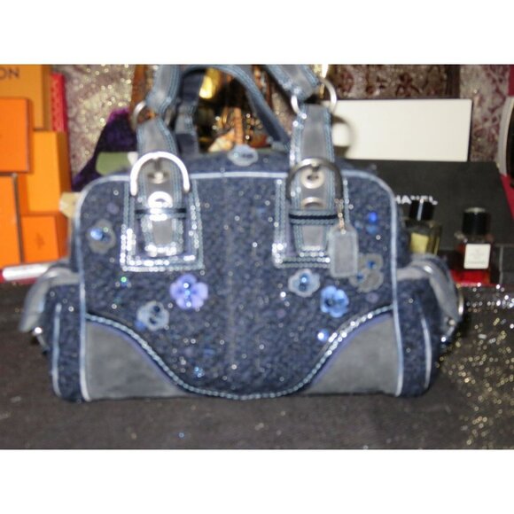 Coach Soho Midnight Blue Tweed & Suede Leather Sequin East West Satchel 10071 - Picture 3 of 16